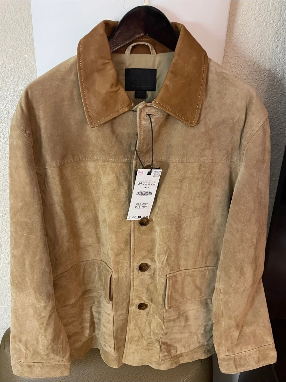 Zara Men's  leather  Suede Jacket in Tan with Contrasting Collar
